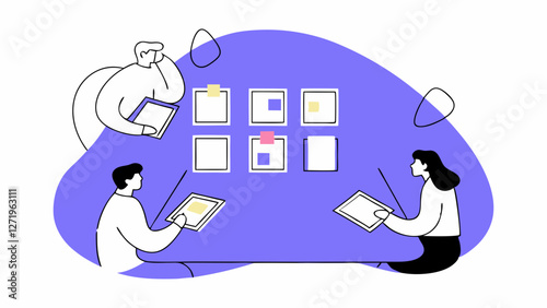 Three people are collaborating around a table, each holding a digital tablet. They are positioned against a purple background, surrounded by notes or documents.AI