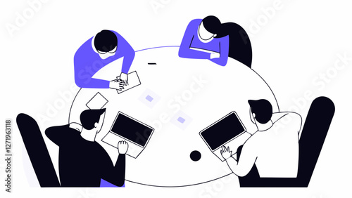 Four individuals are seated around a round table, each engaged with laptops and papers, suggesting a collaborative work environment. The top-down view creates a symmetrical composition.AI