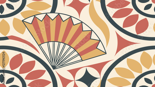 The vibrant pattern features a central fan design surrounded by geometric and floral motifs in warm shades of red, yellow and dark grey. The repeating shapes create a dynamic rhythm.AI