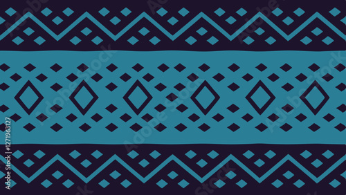 A geometric pattern features a series of blue diamond shapes and smaller motifs arranged in horizontal rows. The design is set against a dark background, creating a striking contrast.AI