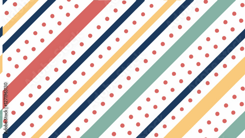 Diagonal stripes in shades of navy, coral, yellow, and green are interspersed with rows of polka dots on a white background. The pattern is bold and vibrant, creating a sense of playful movement.AI