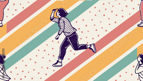 Stylized illustration shows a pattern of people in various poses against a background of diagonal stripes and polka dots.Vibrant design uses contrasting colors to create playful and energetic feel.AI