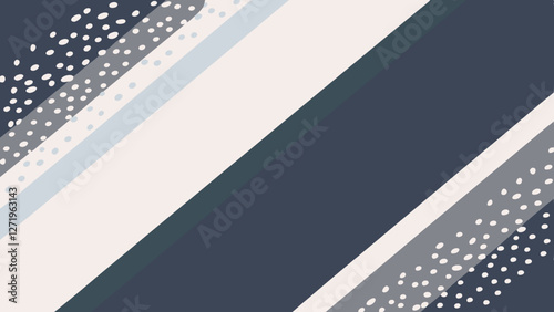 Diagonal stripes in various shades of grey and white create a striking pattern against the backdrop. Dotted elements add a playful touch, contrasting with the starkness of the stripes.AI