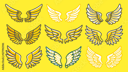 A collection of stylized wings is displayed in various designs against a bright yellow background. Each wing set is outlined with distinct colors, showcasing a mix of patterns and shapes.AI