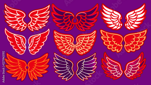 A collection of stylized wings in various red and orange hues is displayed against a purple background. The intricate patterns and bold outlines enhance the visual appeal of each pair of wings.AI