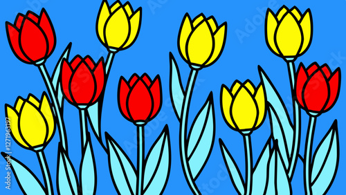Bright red and yellow tulips stand out against a vivid blue background. The flowers have bold outlines and simplistic shapes, creating a playful and colorful design.AI