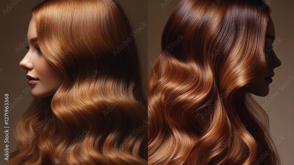 Fototapeta premium Beautiful Long Wavy Hair Styling With a Rich Golden Brown Color in Soft Light Generative AI