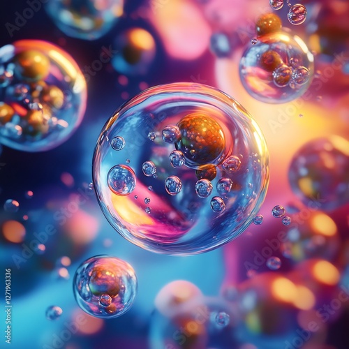 Conceptual 3D visualization of water soluble and fat soluble vitamins glowing spheres floating in their respective mediums vibrant contrasting colors cinematic gradients intricate