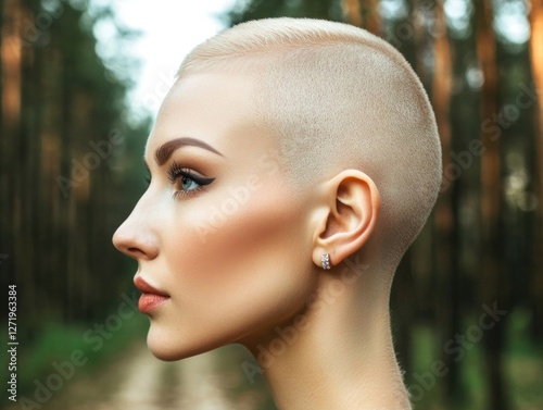 Profile of young caucasian female with buzz cut in forest setting
