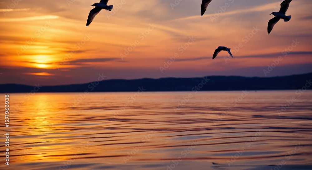 Fototapeta premium Silhouetted birds flying over a tranquil lake at sunset