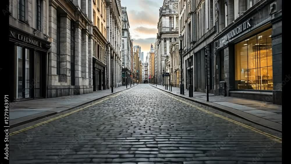 Cobblestone road between stately buildings in a European city