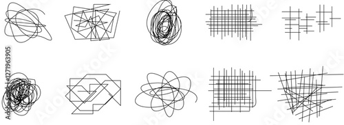 Random chaotic scribble lines collection pencil art set. Abstract random line scribble vector elements including various messy and random lines for design,