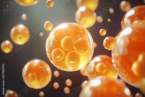 Conceptual 3D visualization of water soluble fat soluble vitamin glowing sphere floating their respective medium vibrant contrasting color cinematic gradient intricate molecular texture perfectly
