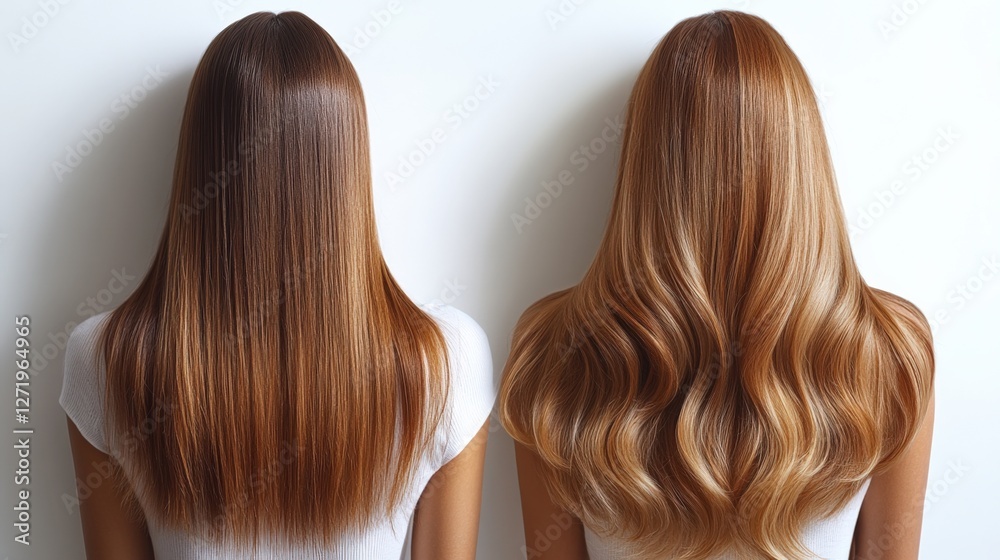 Fototapeta premium Comparison of Straight and Wavy Long Hair Styles on Model Against Neutral Background Generative AI