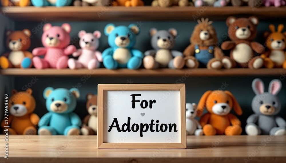 Fototapeta premium Charming display of colorful plush teddy bears with For Adoption sign in cozy toy store setting for toy adoption concept