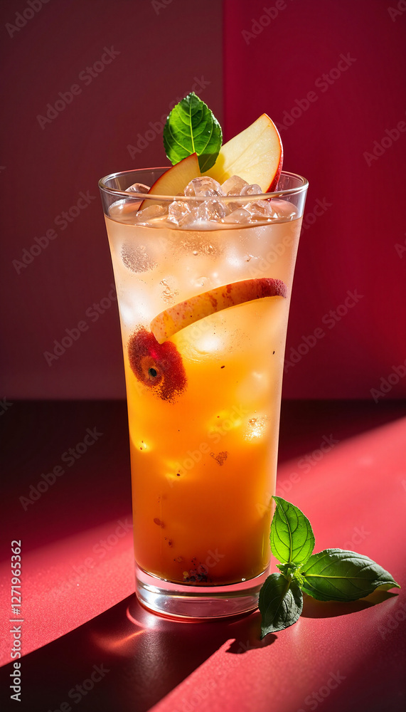 Elegant apple basil mocktail on dual-colored background, refreshing delight
