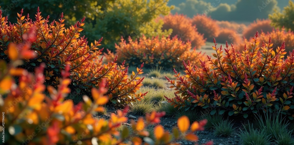 dense thicket of shrubs with colorful leaves and twigs, shrubbery, branches dense thicket of shrubs with colorful leaves and twigs, shrubbery, branches