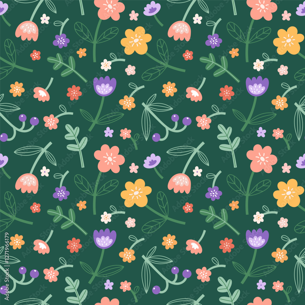 Fototapeta premium Floral seamless pattern with flowers and plants Vector seamless pattern