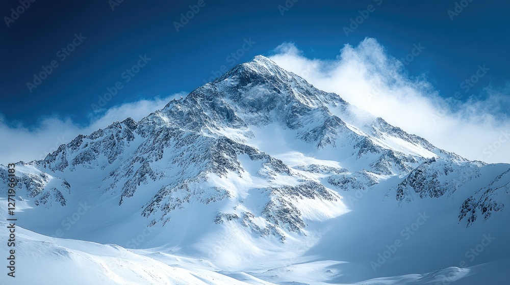 Majestic snow-covered peak rises under a clear blue sky, showcasing the beauty of nature's winter landscape Majestic snow-covered peak rises under a clear blue sky, showcasing the beauty of nature's winter landscape