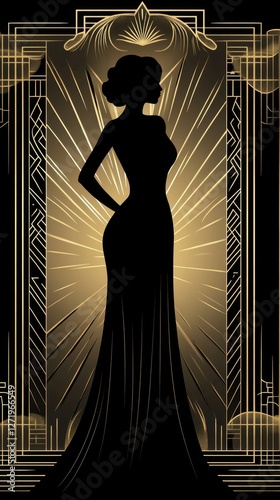 Woman silhouette in elegant gown against art deco background