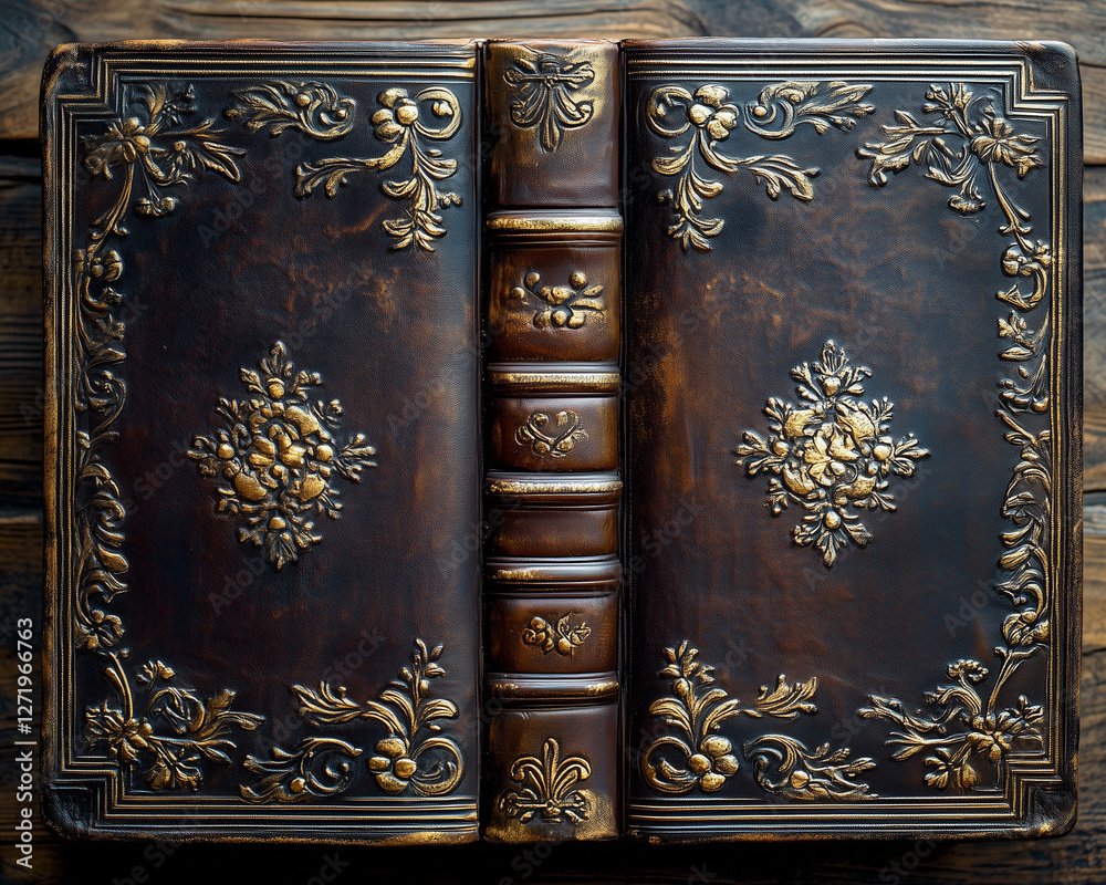 Fototapeta premium Vintage Leather-Bound Book with Embossed Golden Title, Aged Textures, and Timeless Aesthetic, Classic Literature Design