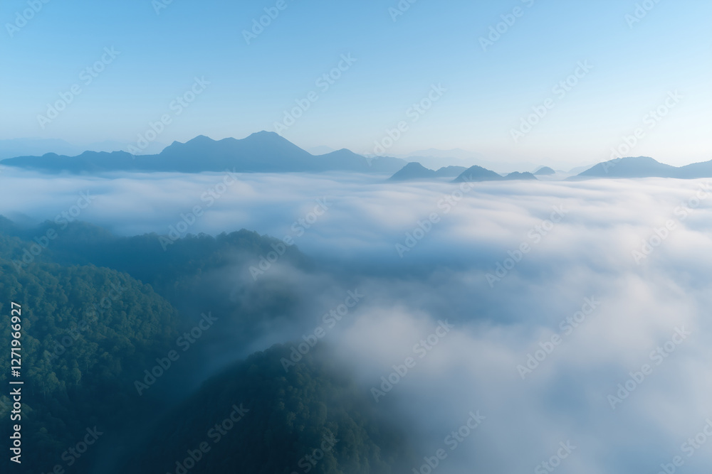 mountains and fog in the morning, aerial view mountains and fog in the morning, aerial view