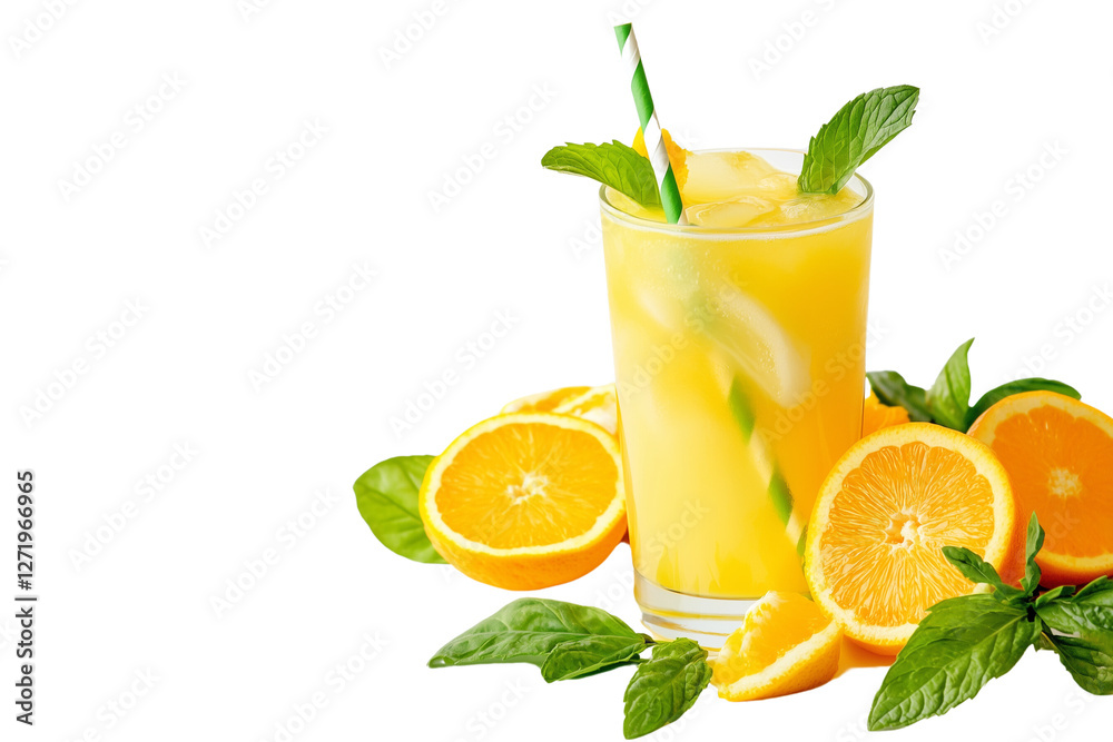 Fototapeta premium a lemon and mint lemonade in a tall glass with a straw isolated on a transparent background