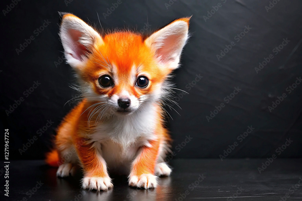 Obraz premium Adorable red fox cub, studio portrait, black background, showcasing cuteness