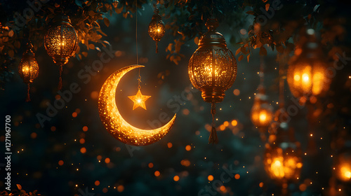 A glowing golden crescent moon and star surrounded by elegant Arabic lanterns, set against a dreamy night sky with soft bokeh lights photo