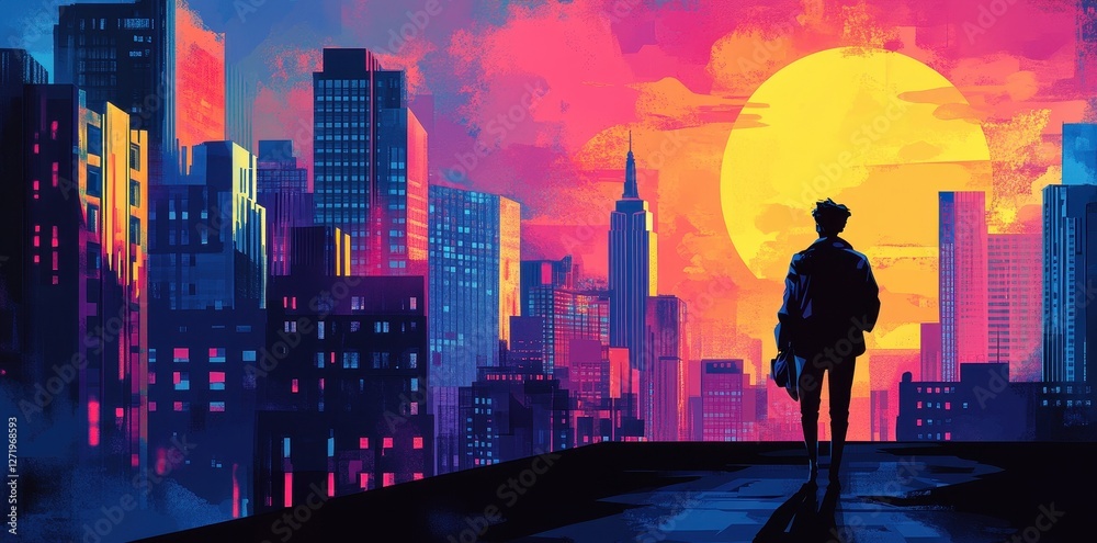 Person looks out at a colorful cyberpunk city skyline Person looks out at a colorful cyberpunk city skyline