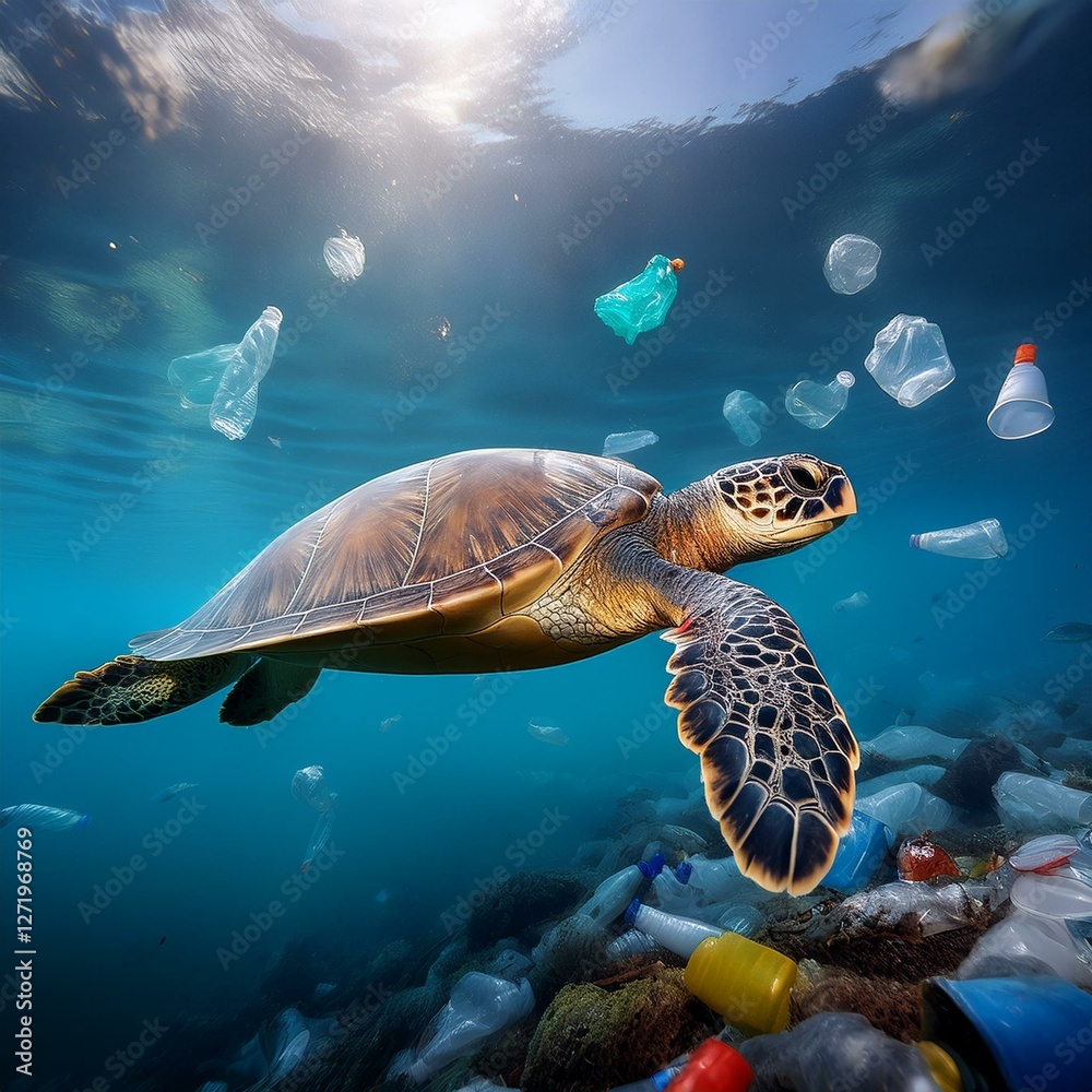 Fototapeta premium Schildkröte unter Wasser mit Plastikmüll