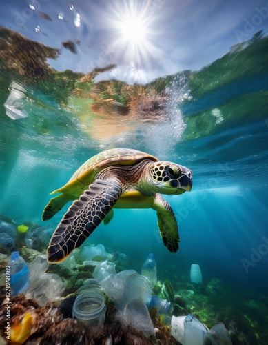 Schildkröte im verschmutzten Ozean mit Plastik