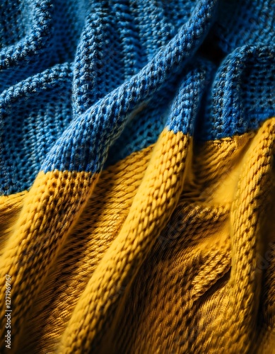 Textured knitting pattern in blue and yellow, forming the Ukrainian flag with soft fabric forms. Ai Generated