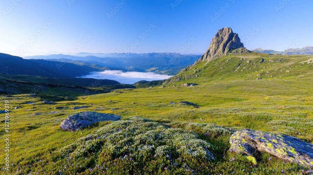 Naklejka premium Mountain peak sunrise valley fog alpine meadow