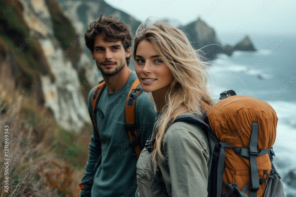 Hikers walking on cliff edge looking at scenic view of ocean coast Hikers walking on cliff edge looking at scenic view of ocean coast