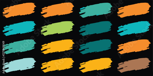 vintage color brush paint stroke set features hand-drawn lines, squiggles, scratches, and color swatches, with a retro, fun, and quirky childish feel, perfect for kindergarten art.