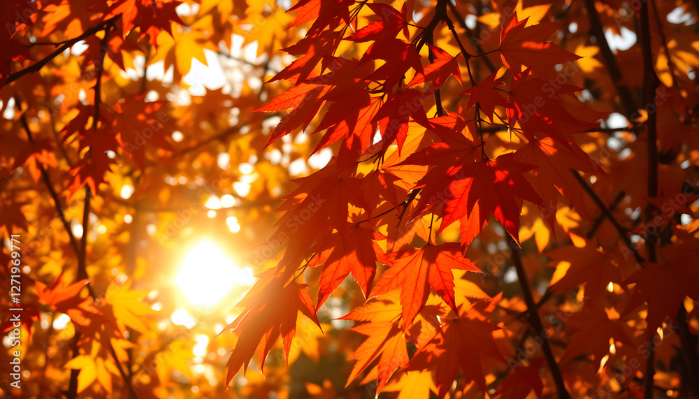 Vibrant autumn leaves glowing in soft, golden sunlight. with white shades Vibrant autumn leaves glowing in soft, golden sunlight. with white shades