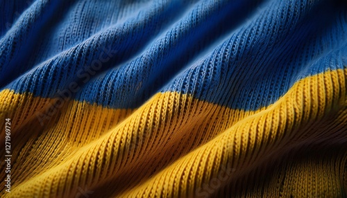 Textured knitting pattern in blue and yellow, forming the Ukrainian flag with soft fabric forms. Ai Generated