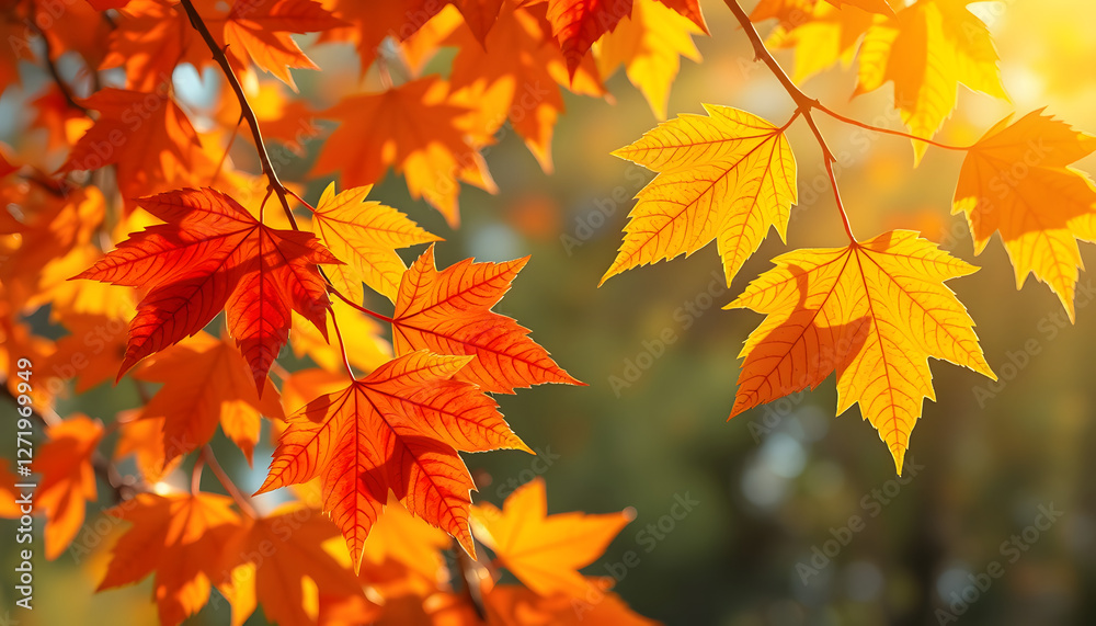 Vibrant autumn leaves glowing in soft, golden sunlight. with white shades Vibrant autumn leaves glowing in soft, golden sunlight. with white shades