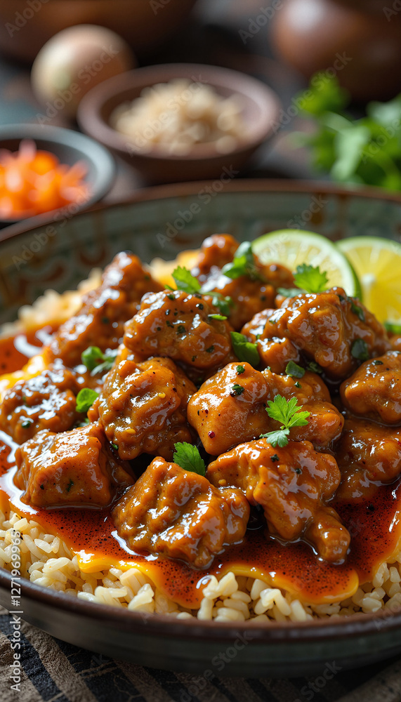 Aromatic curry goat dish with vibrant spices in rustic kitchen, culinary delight Aromatic curry goat dish with vibrant spices in rustic kitchen, culinary delight