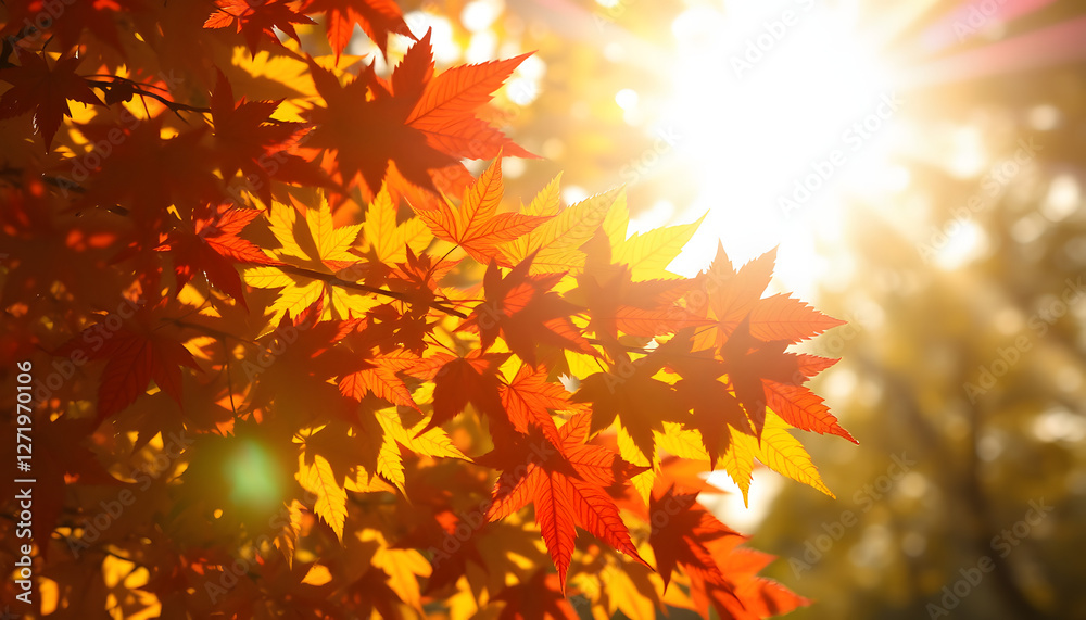Vibrant autumn leaves glowing in soft, golden sunlight, Backlit. with white shades Vibrant autumn leaves glowing in soft, golden sunlight, Backlit. with white shades