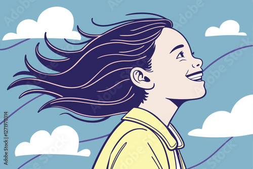  Cheerful young girl, flowing dark hair, bright smile, blue sky background, fluffy white clouds, whimsical atmosphere, vibrant colors, dynamic portrait, wind-swept hair, ethereal lighting, dreamlike