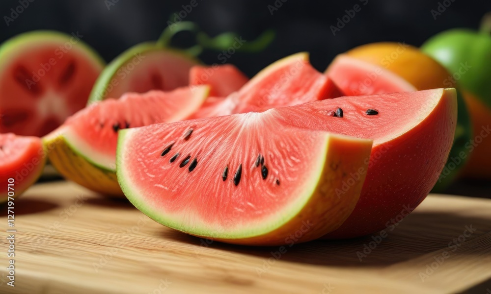Fresh anguria sliced on a wooden cutting board, wood grain, edible garnish, fruit Fresh anguria sliced on a wooden cutting board, wood grain, edible garnish, fruit