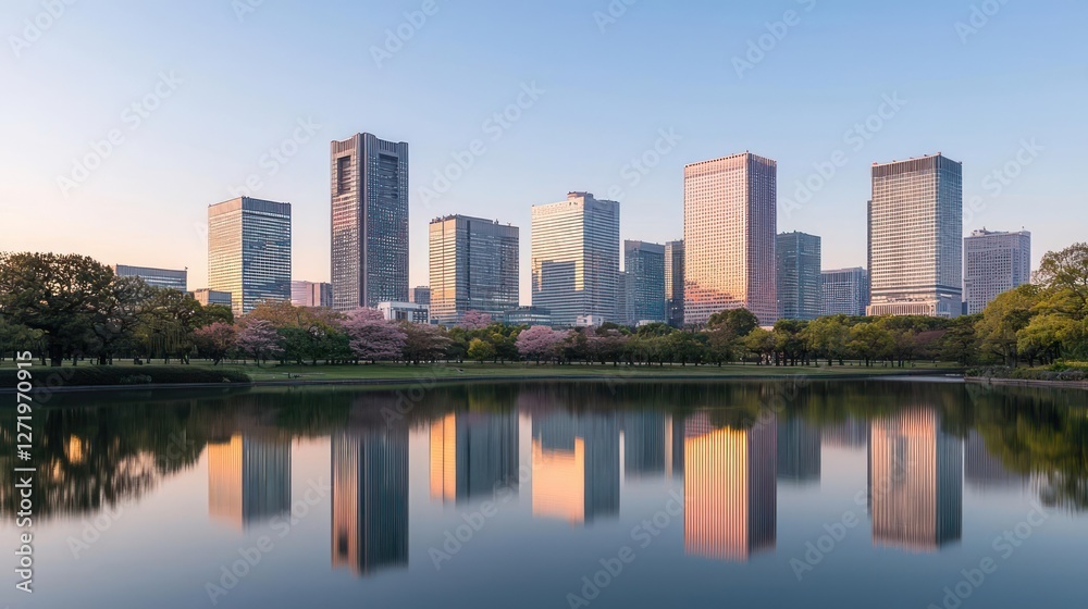 Modern City Skyline Reflected in a Calm Lake at Sunrise Modern City Skyline Reflected in a Calm Lake at Sunrise