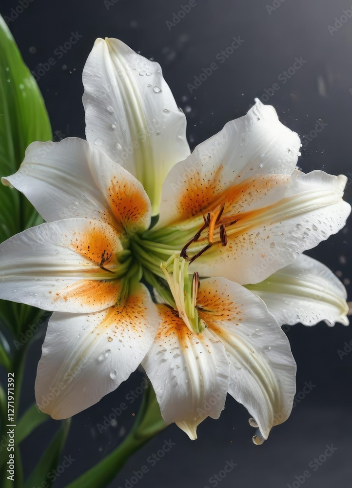 Obraz premium Fresh white lily flower with vibrant orange accents and glistening water droplets, pistil, summer bloom, translucent
