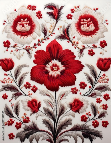 Traditional Ukrainian cross-stitch pattern with floral motifs - A beautifully detailed embroidery poster. AI Generated