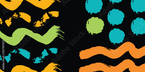 vintage color brush paint stroke set features hand-drawn lines, squiggles, scratches, and color swatches, with a retro, fun, and quirky childish feel, perfect for kindergarten art.