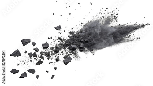 Crumbling Stone Explosion, Grey Dust Cloud, Isolated on Transparent Background, High-Resolution Image, Stone texture, dust effect, explosion effect