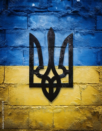 Urban graffiti wall with Ukrainian flag and black trident - A textured street art mural. Ai Generated
