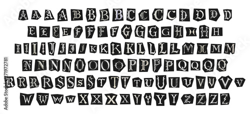 big set of cut-out english png alphabet from magazines on a transparent background, black and white gothic ransom style